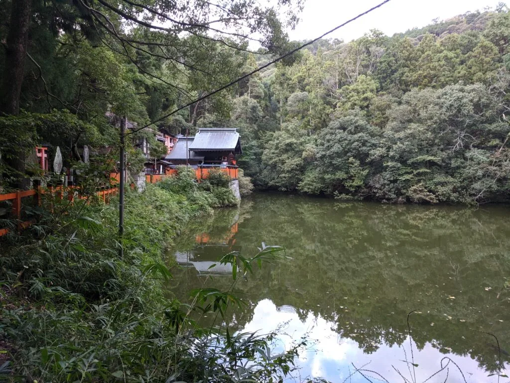 A tranquil view of a pond with a shrine beside it, surrounded by lush greenery at the Fushimi Inari Taisha.