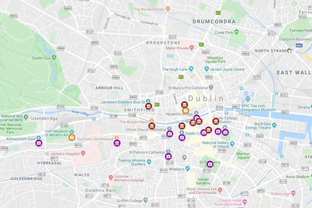 Google Map showing points of interest in Dublin
