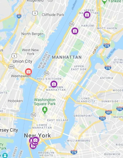Google Maps showing Manhattan with pins of locations to visit