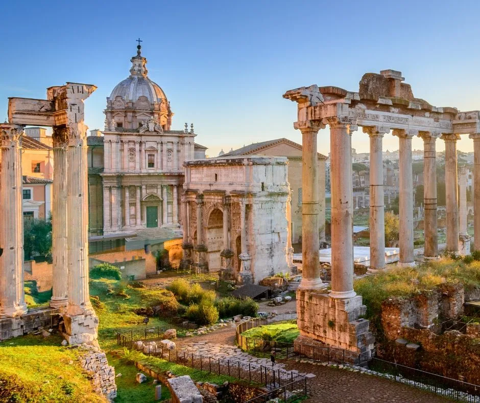 Ancient Roman ruins and historical buildings at the Roman Forum in Rome.