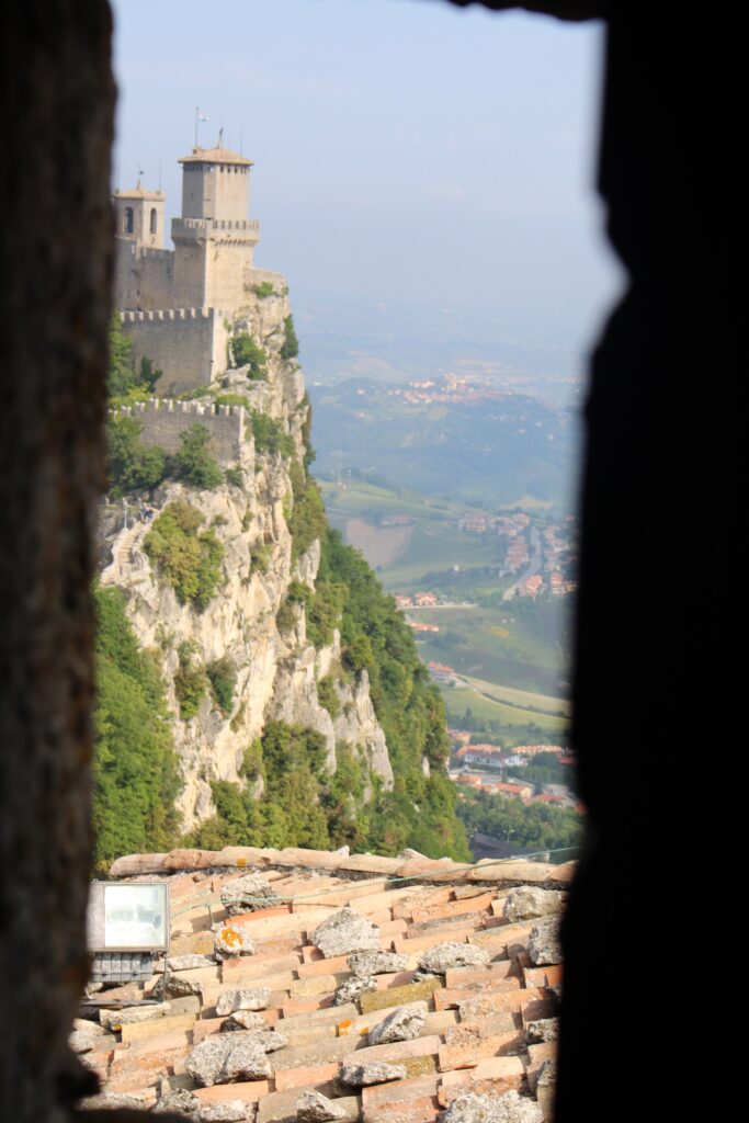 View of the tower from another tower! 
Ultimate Guide to Visiting San Marino.