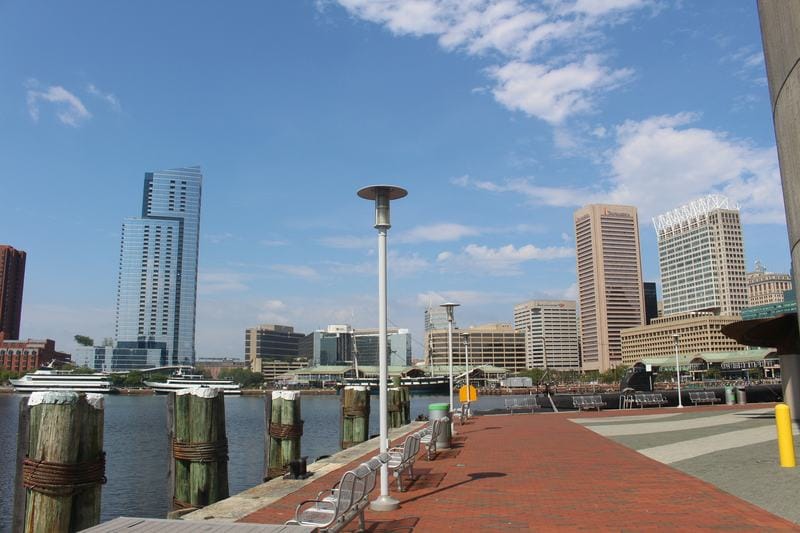 Walking along the Inner Harbor you can see the skyline.  This area is a must-visit during two days in Baltimore.