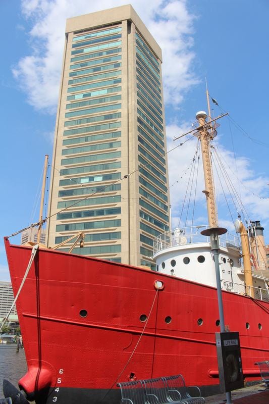 USS Chesapeake in the Inner Harbor, Baltimore. you can't miss the bright red boat during your weekend getaway in Baltimore. 