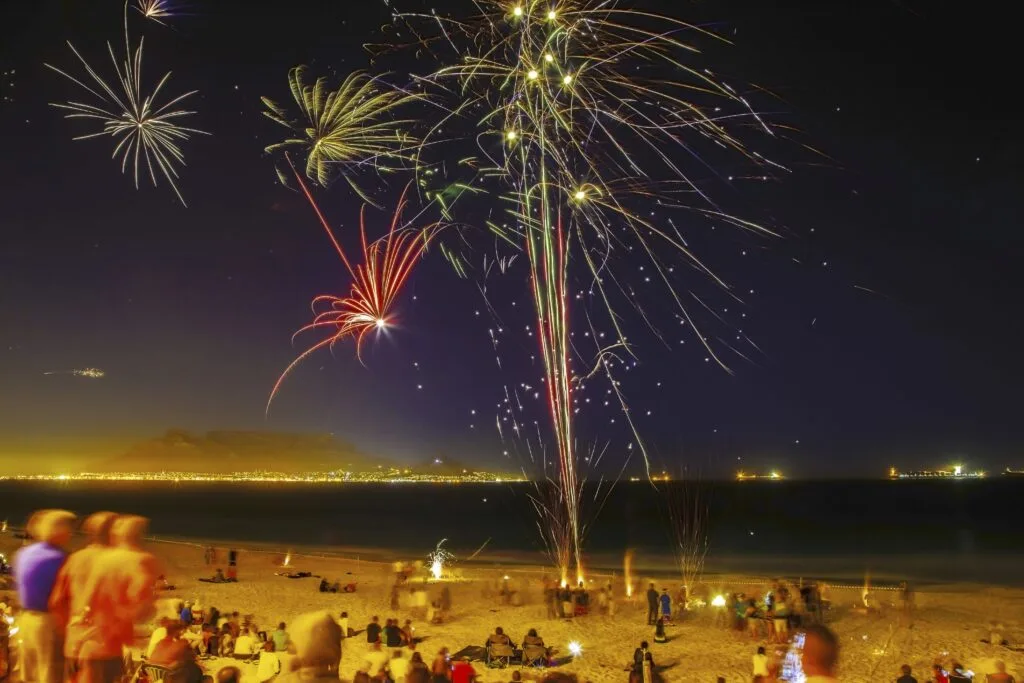 Fire works on the beach near Cape Town.  Cape Town South Africa is one of best places to celebrate new years eve in the world. 