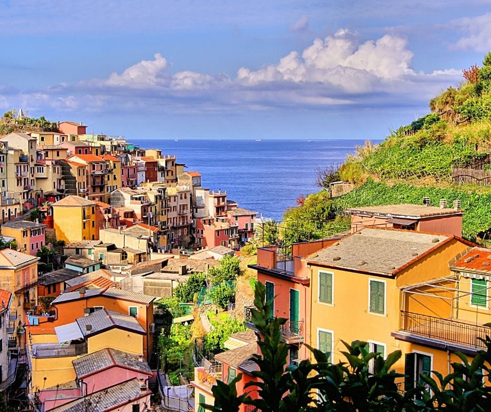 The view of Manarola Italy including some of the vineyards.