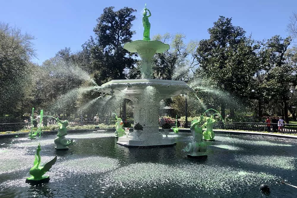 The Forsyth Fountain in Savannah, Georgia, with green-dyed water for St. Patrick's Day.