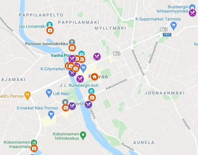Google Map with landmarks for attractions around Porvoo
