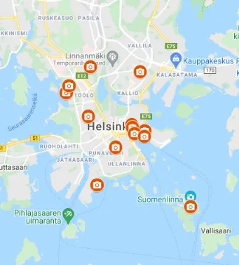 Google Map with notable points of interest in Helsinki