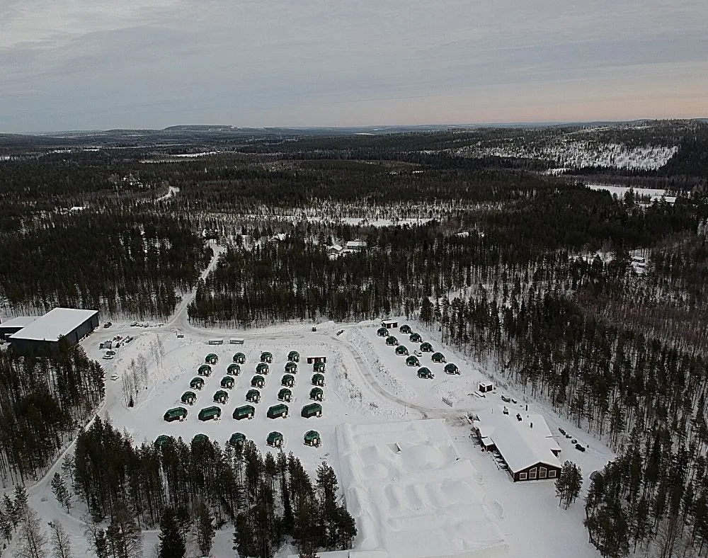 Drone shot of Arctic Snow Hotel & Glass Igloos
