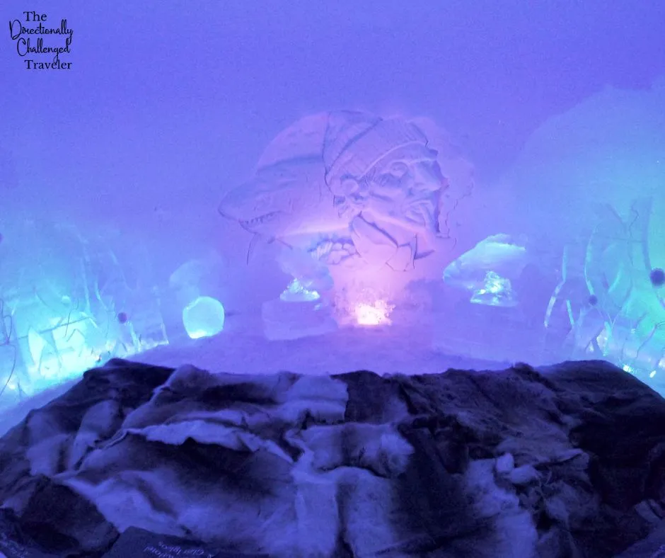 A room inside the snow hotel. The theme of the room is sailor and shark.