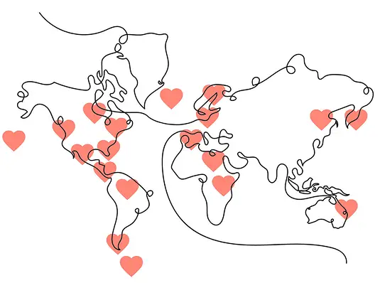 Map of the world, with hearts denoting places Pamela has traveled