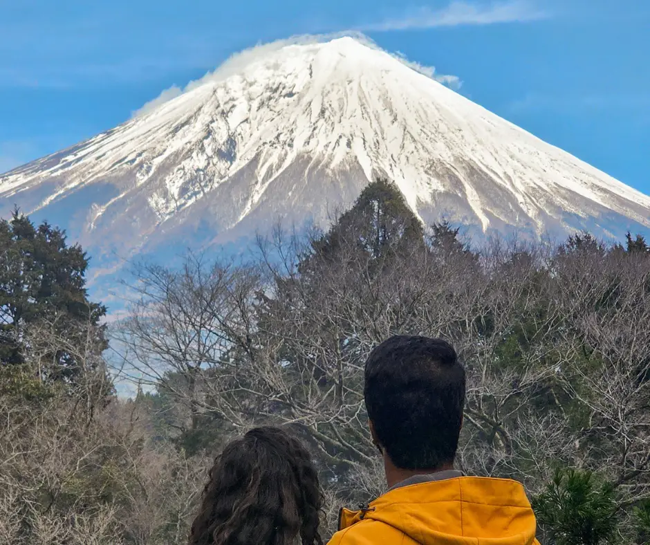 Viewing Mt. Fuji near Shirato Falls, Japan.