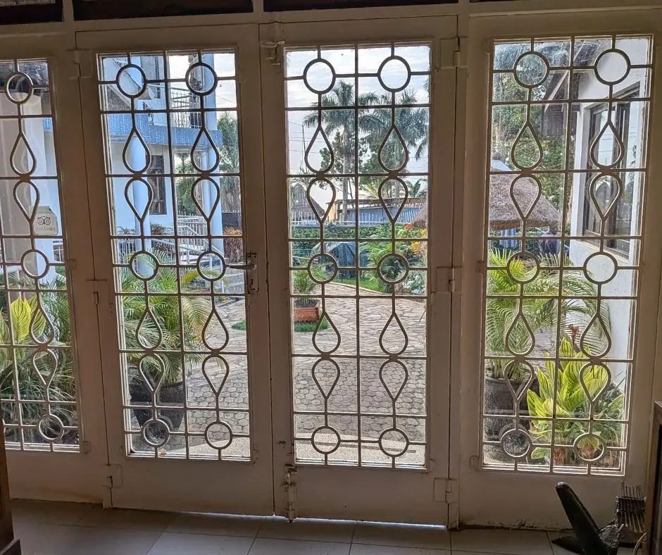 The door to outside from the library at 2Friends Beach Hotel, Entebbe. 