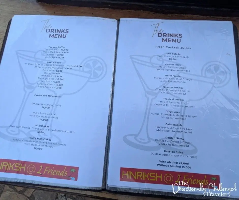 Part of the menu at 2Friends Beach Hotel
