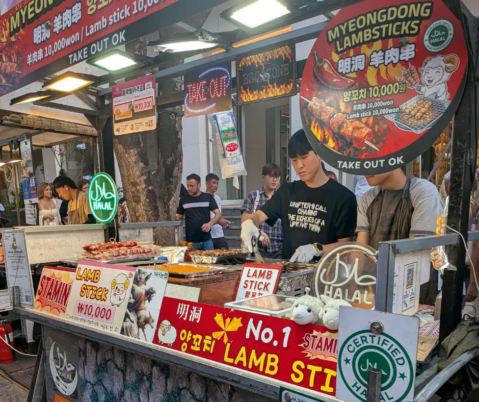 Lamb skewers on the streets of Myeongdong, Seoul, Korea.